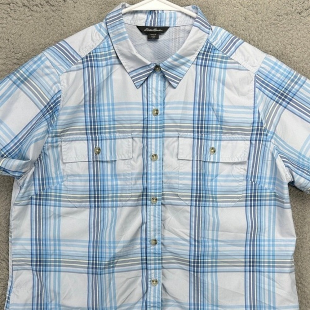 Eddie Bauer Womens Hiking Shirt Large Blue Plaid Nylon Blend Flap Pocket Outdoor